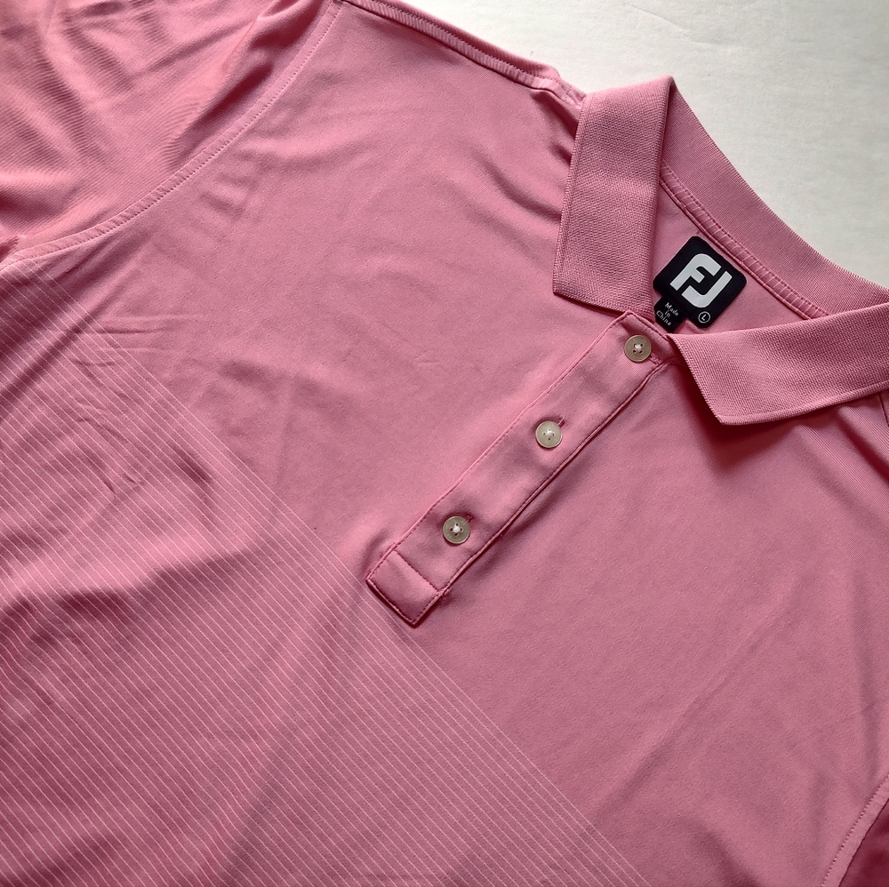 FJ FootJoy Polo Shirt Buttons Men's Pink White Striped Short Sleeve High Low L